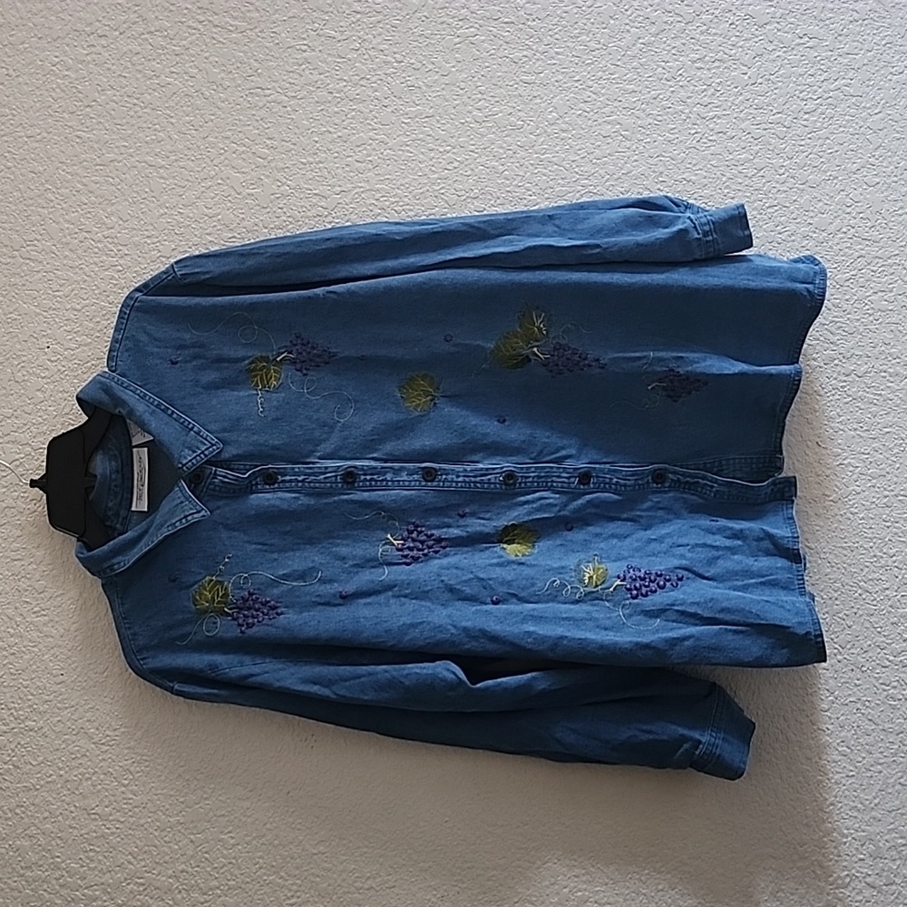 Grapes and Leaves Embroidery Jean Denim  Button-Up/Button-Down